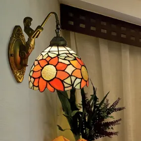 1-Head Tiffany Orange Hallway Wall Sconce Light with Sunflower Stained Glass Shade - Wall Mounted