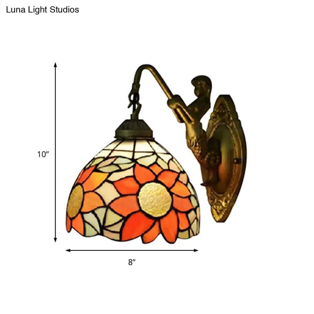 1-Head Tiffany Orange Hallway Wall Sconce Light with Sunflower Stained Glass Shade - Wall Mounted