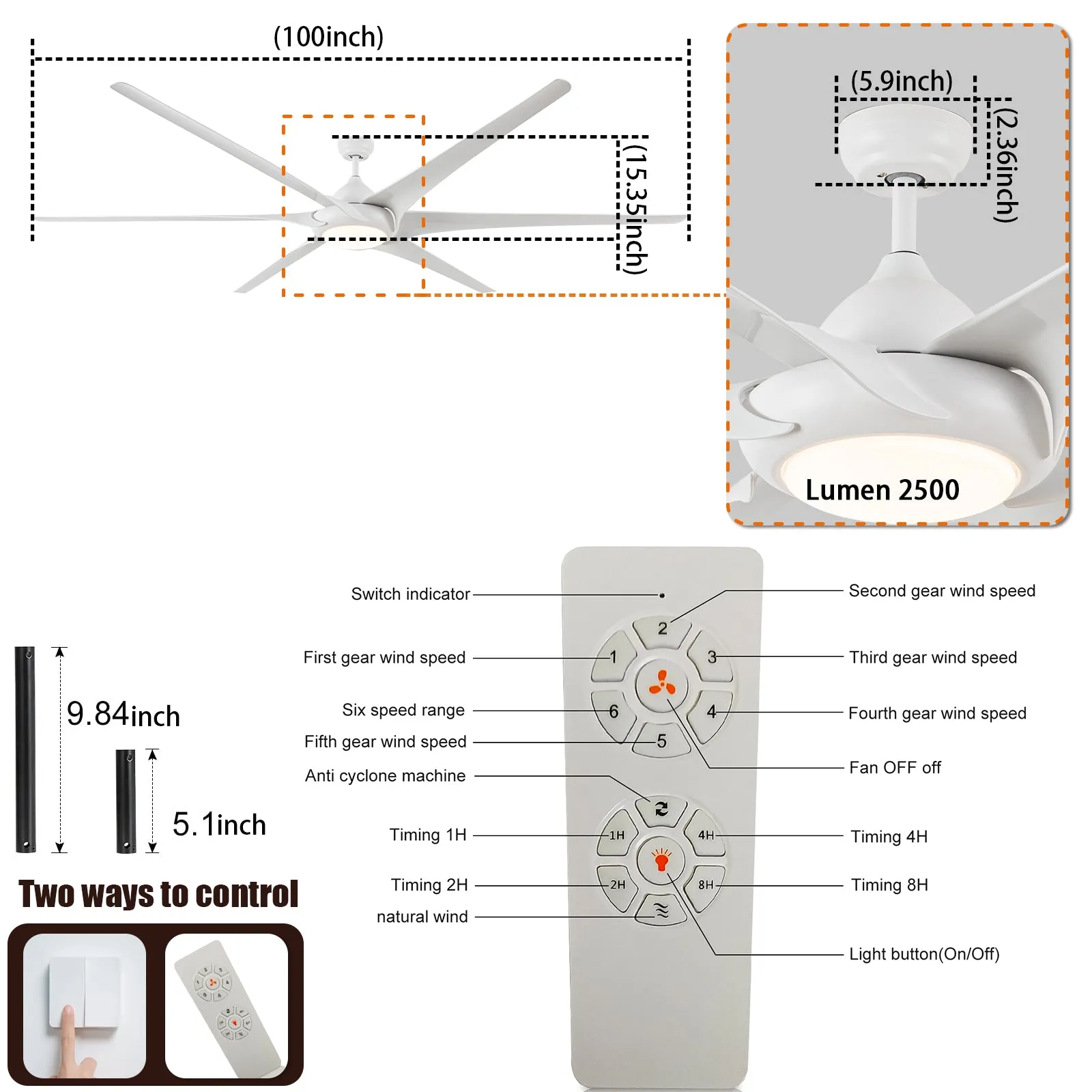 100" Reversible Ceiling Fan with Lights, Remote Control, and 3 Color Temperature LED - 100" Diameter, 21.65" Height