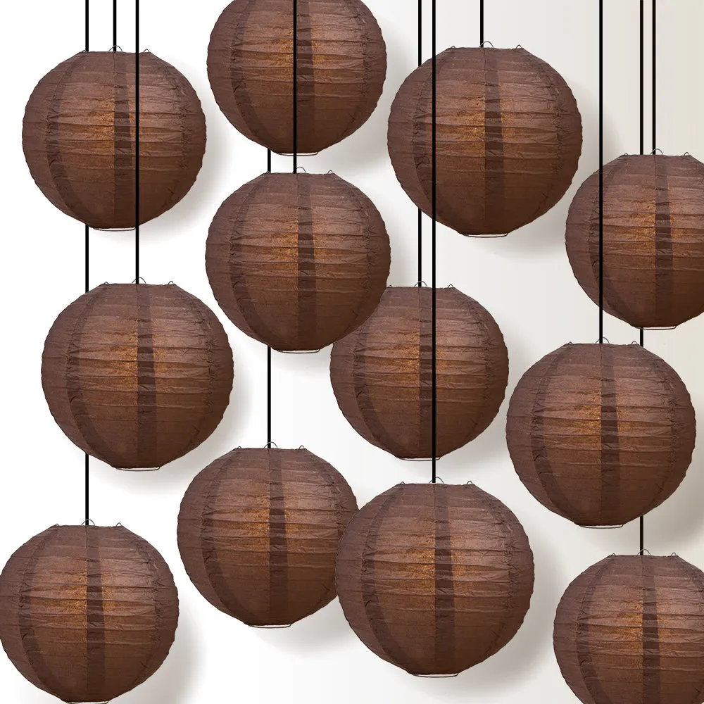 12 PACK | Brown Even Ribbing Round Paper Lantern, Hanging Combo Set