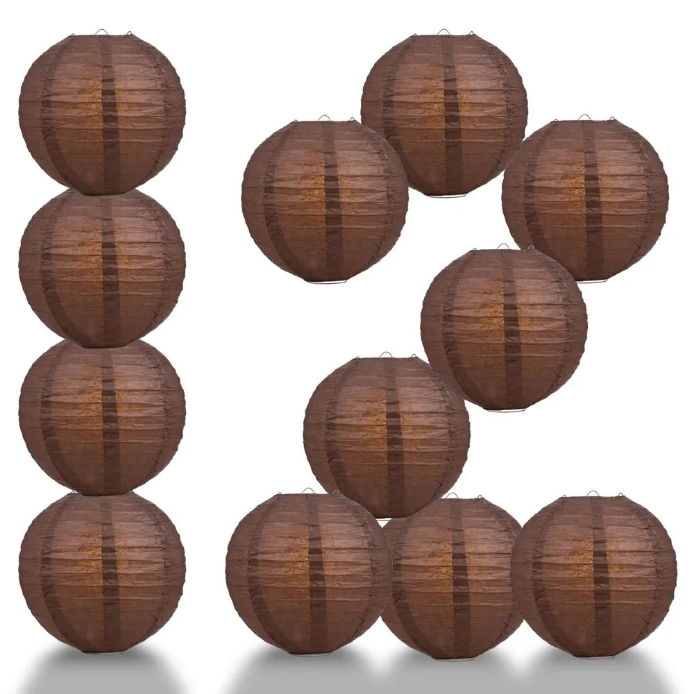 12 PACK | Brown Even Ribbing Round Paper Lantern, Hanging Combo Set