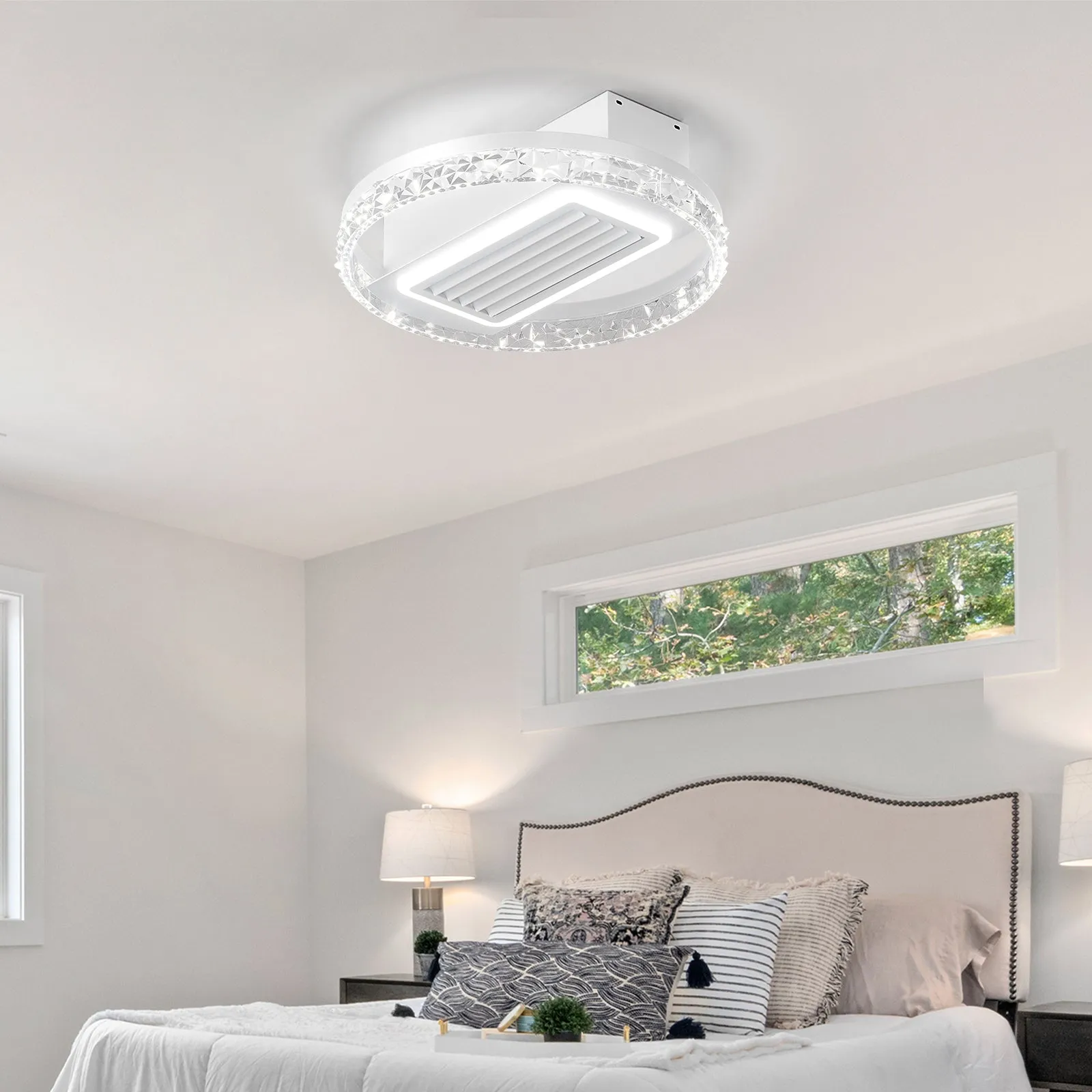 19.7" Dimmable LED Bladeless Fan Light White Crystal Ceiling Light