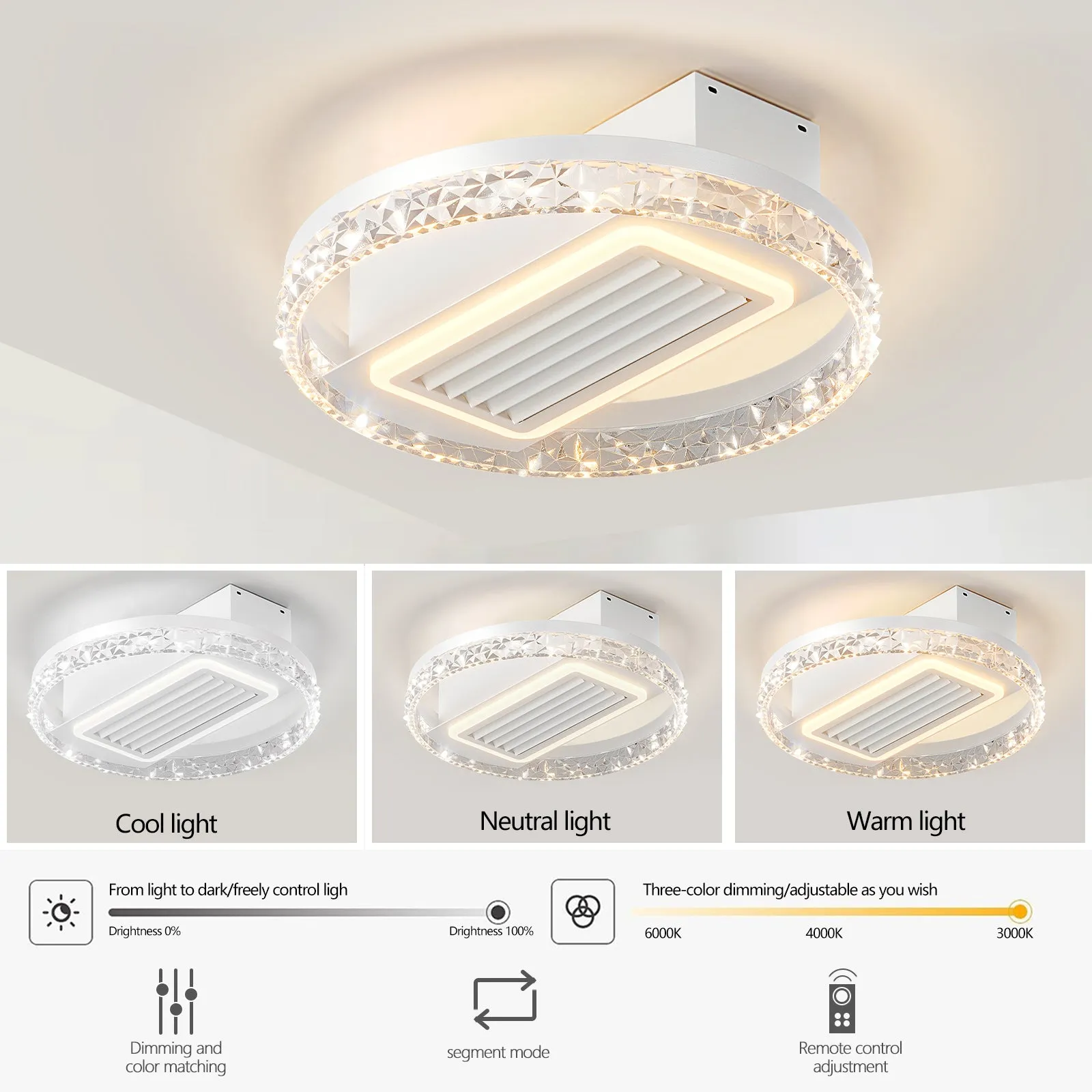 19.7" Dimmable LED Bladeless Fan Light White Crystal Ceiling Light