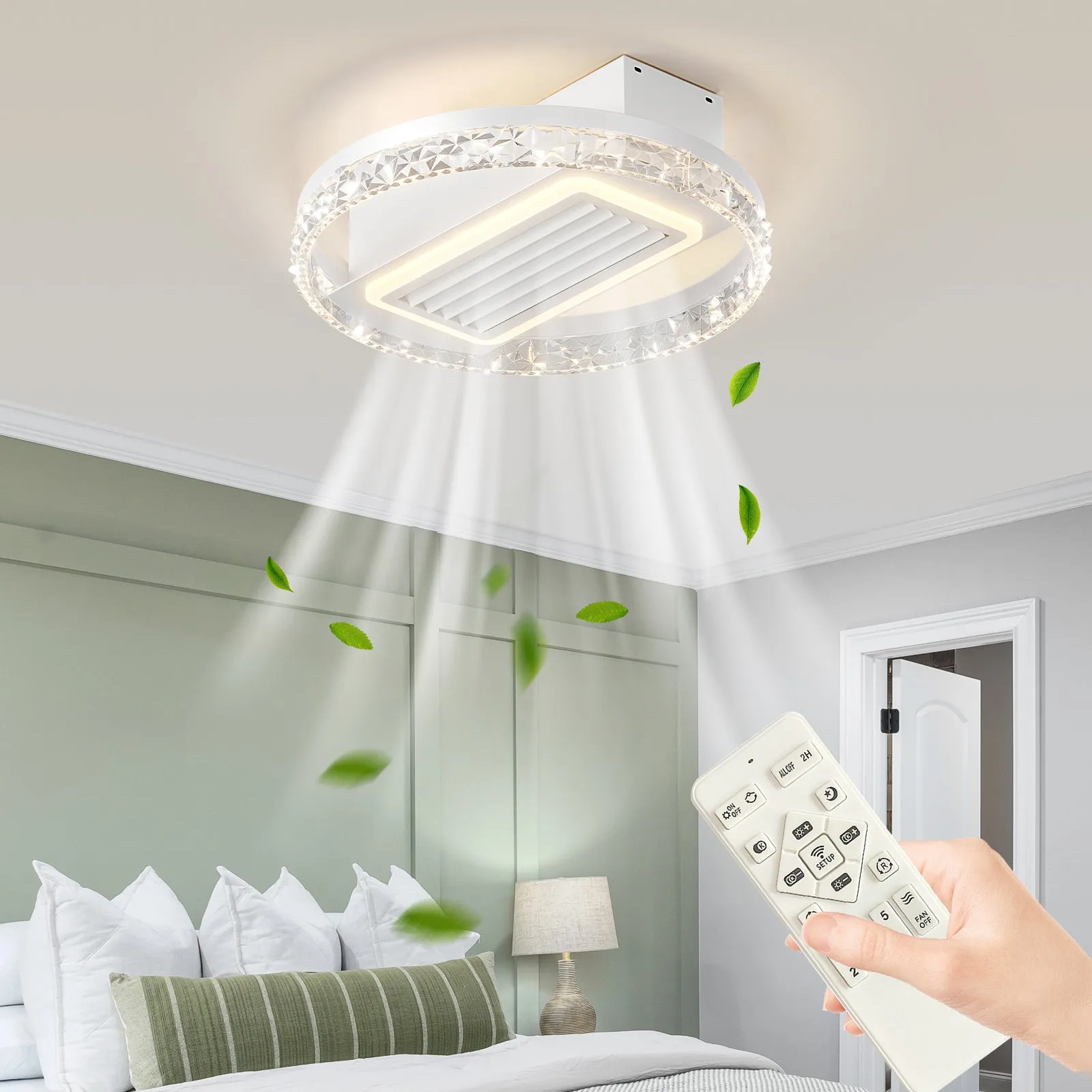 19.7" Dimmable LED Bladeless Fan Light White Crystal Ceiling Light