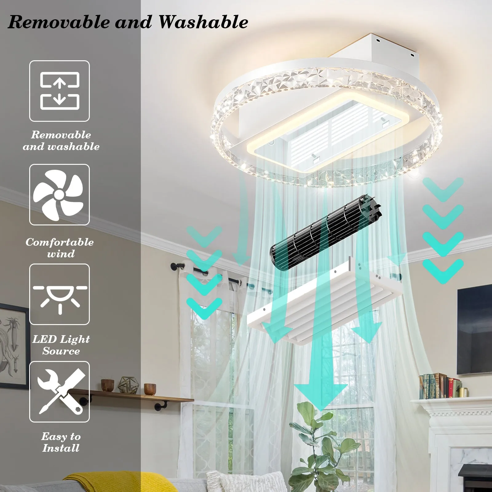 19.7" Dimmable LED Bladeless Fan Light White Crystal Ceiling Light