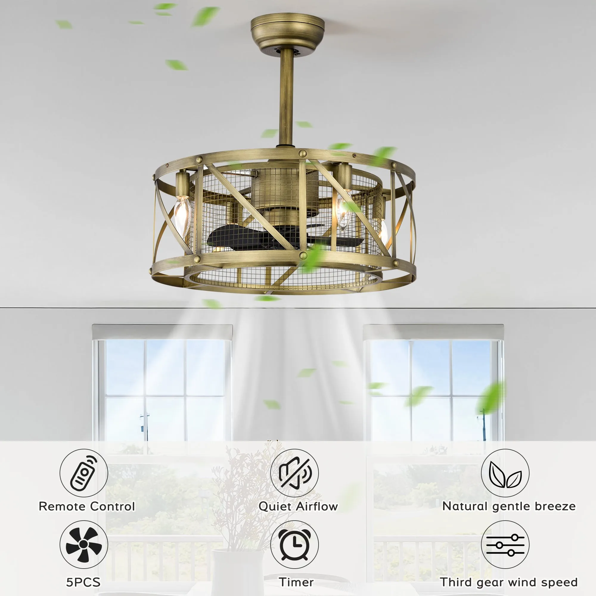 20'' Small size ceiling fan with kit ,5 ABS blades Antique brown decorate ceiling fan light with Remote control for bedroom