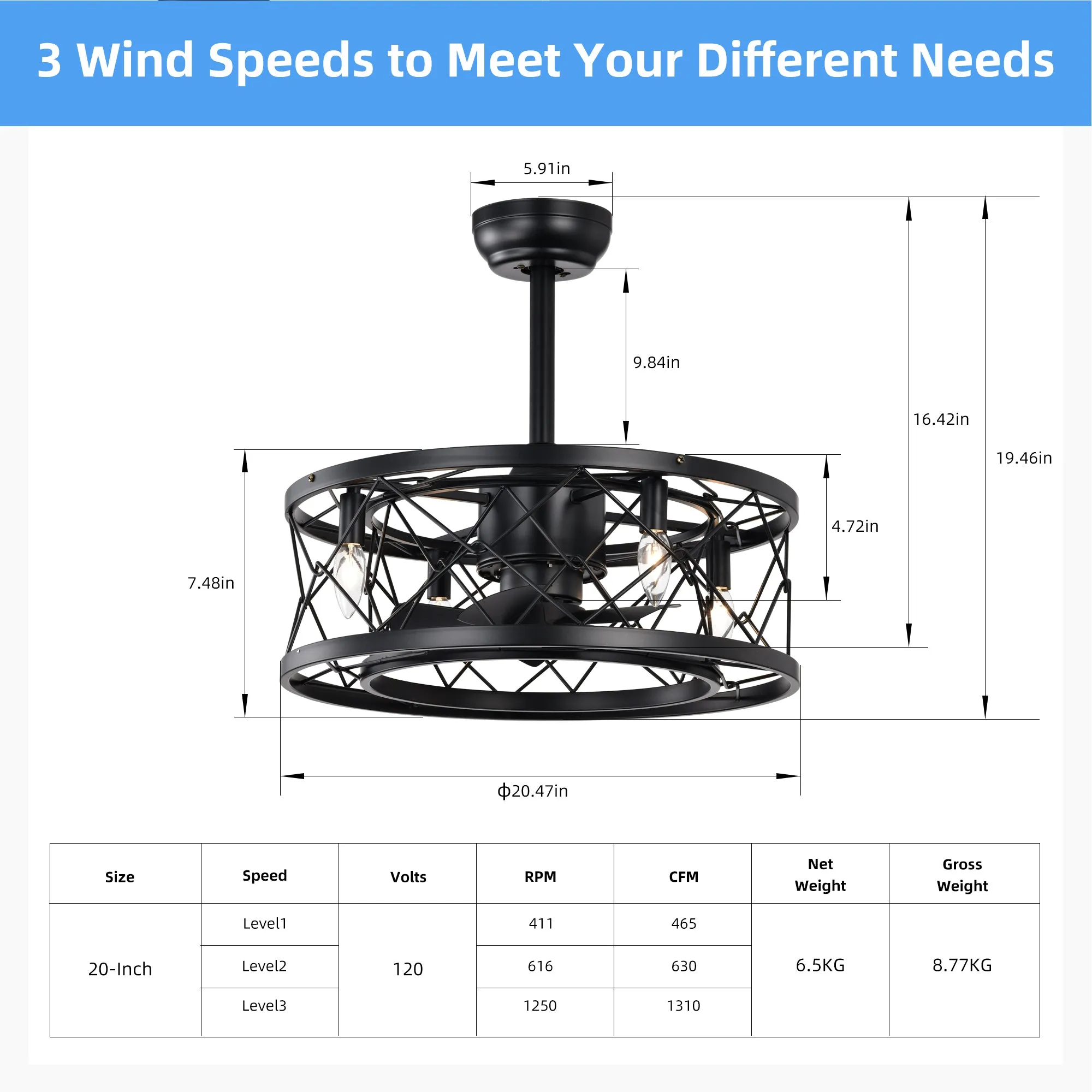 20" Matte Black Drum Ceiling Fan Light Modern Cage Reversible Ceiling Fan Light