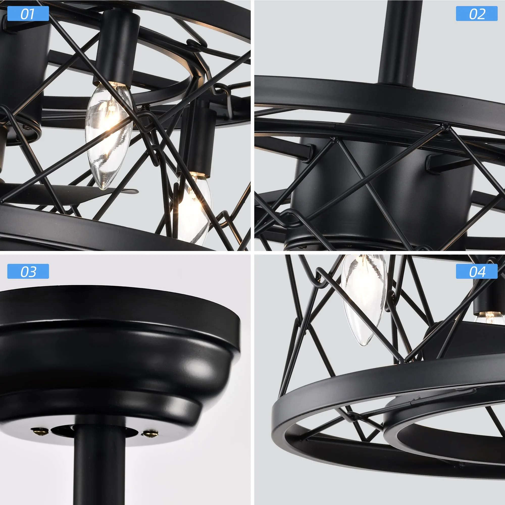 20" Matte Black Drum Ceiling Fan Light Modern Cage Reversible Ceiling Fan Light