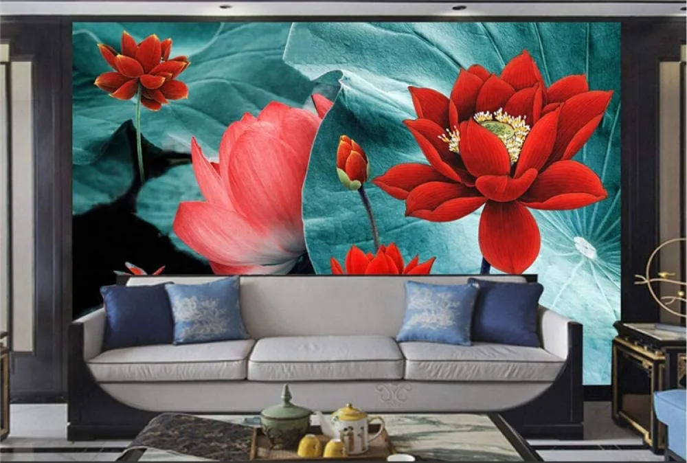 3D Wallpaper Green Leaves & Red Flowers  W250 X H170 cm