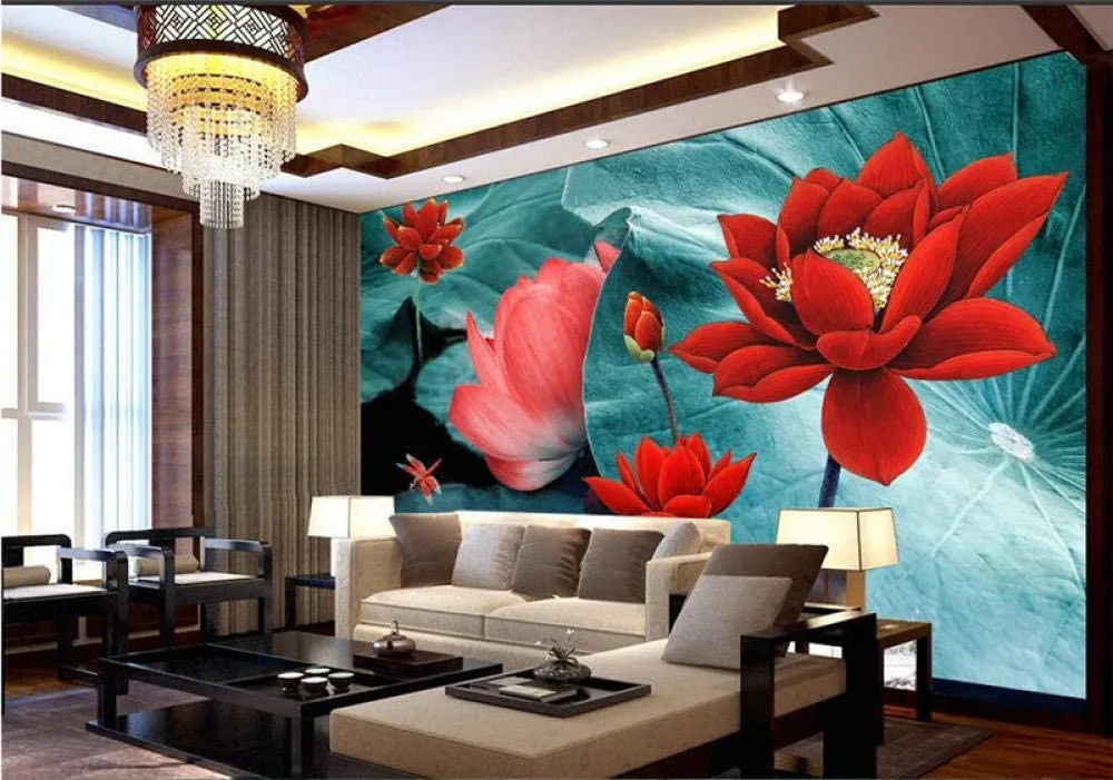 3D Wallpaper Green Leaves & Red Flowers  W250 X H170 cm