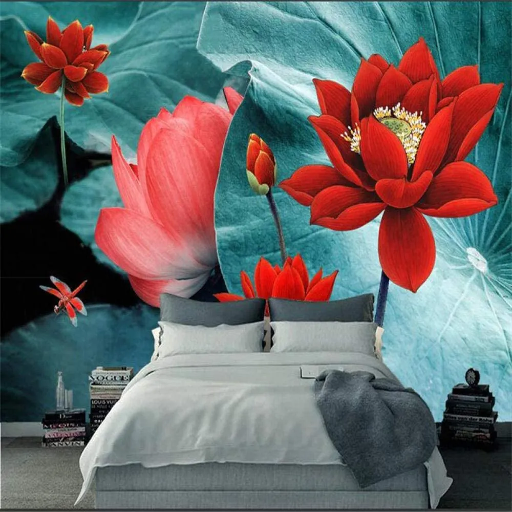 3D Wallpaper Green Leaves & Red Flowers  W250 X H170 cm