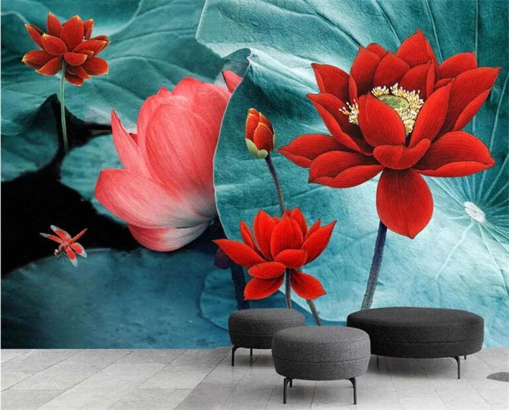 3D Wallpaper Green Leaves & Red Flowers  W250 X H170 cm