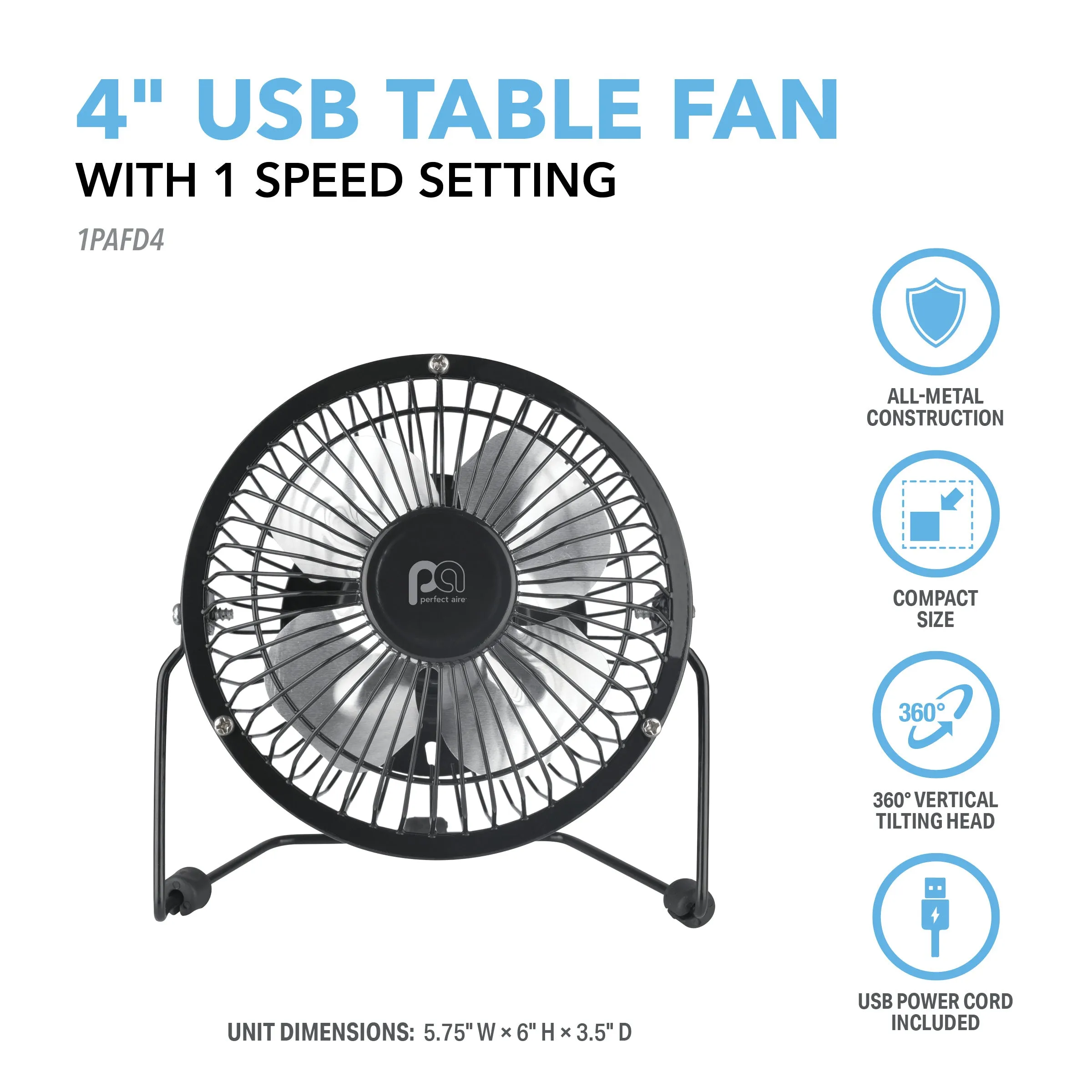 4" USB-Powered Table Fan with 360-Degree Tilt Head and All-Metal Construction