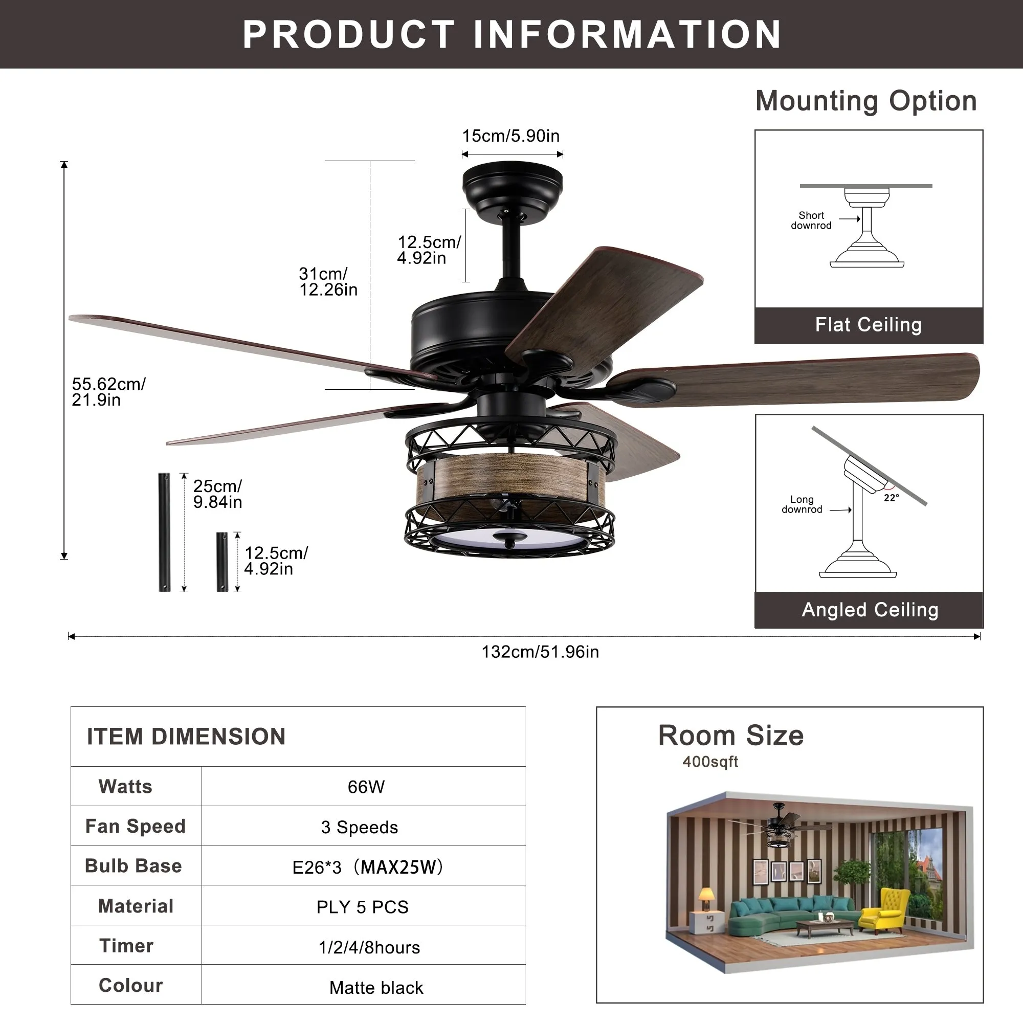 52 Inch Farmhouse 3 Lights Ceiling Fan with 5 Wood Blades, Two-color fan blade, AC Motor, Remote Control, Reversible Airflow, Multi-Speed, Adjustable Height, Traditional Ceiling Fa (No include Bulbs)