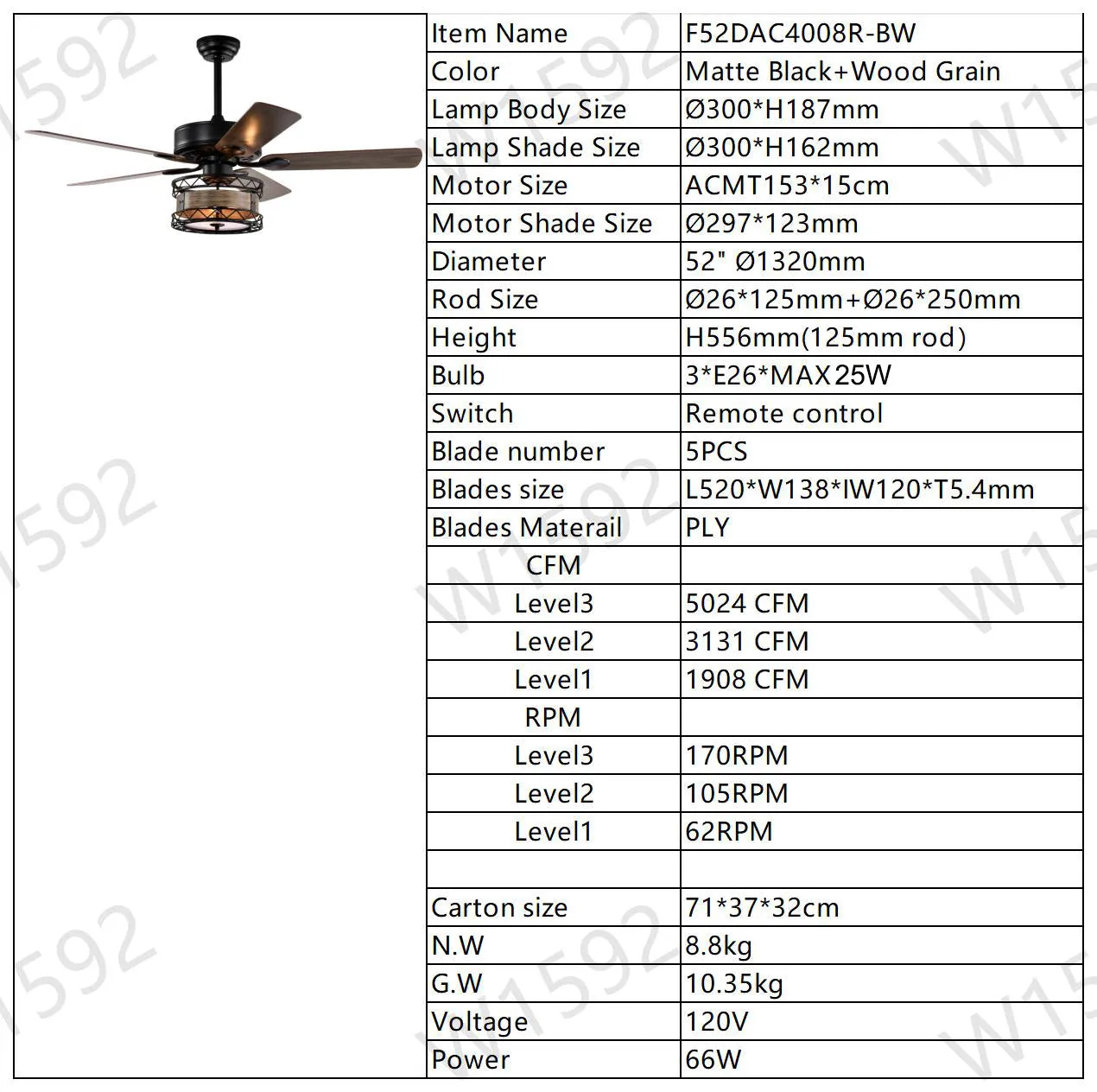 52 Inch Farmhouse 3 Lights Ceiling Fan with 5 Wood Blades, Two-color fan blade, AC Motor, Remote Control, Reversible Airflow, Multi-Speed, Adjustable Height, Traditional Ceiling Fa (No include Bulbs)