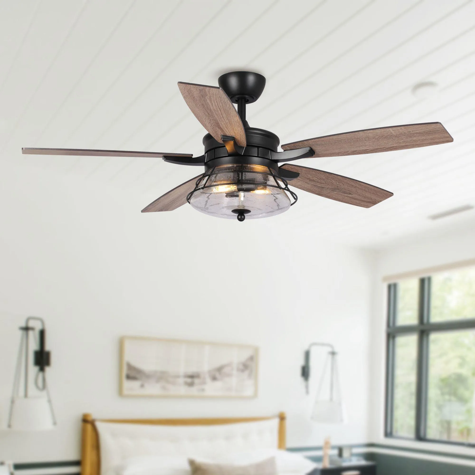 52" Antone Industrial Downrod Mount Reversible Ceiling Fan with Lighting and Remote Control