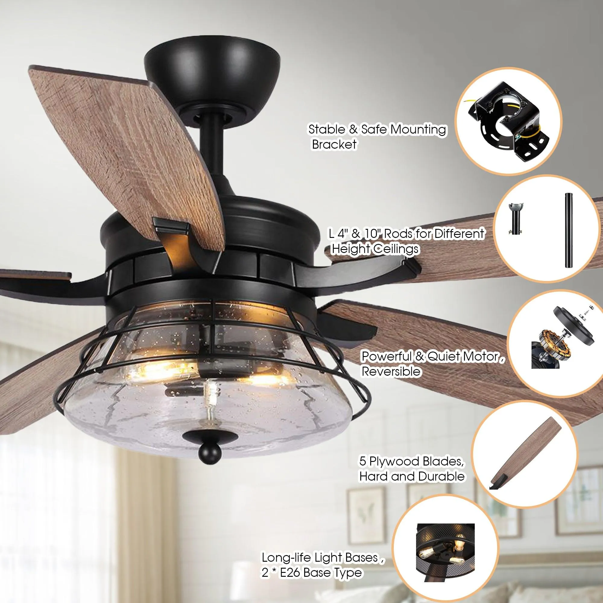 52" Antone Industrial Downrod Mount Reversible Ceiling Fan with Lighting and Remote Control