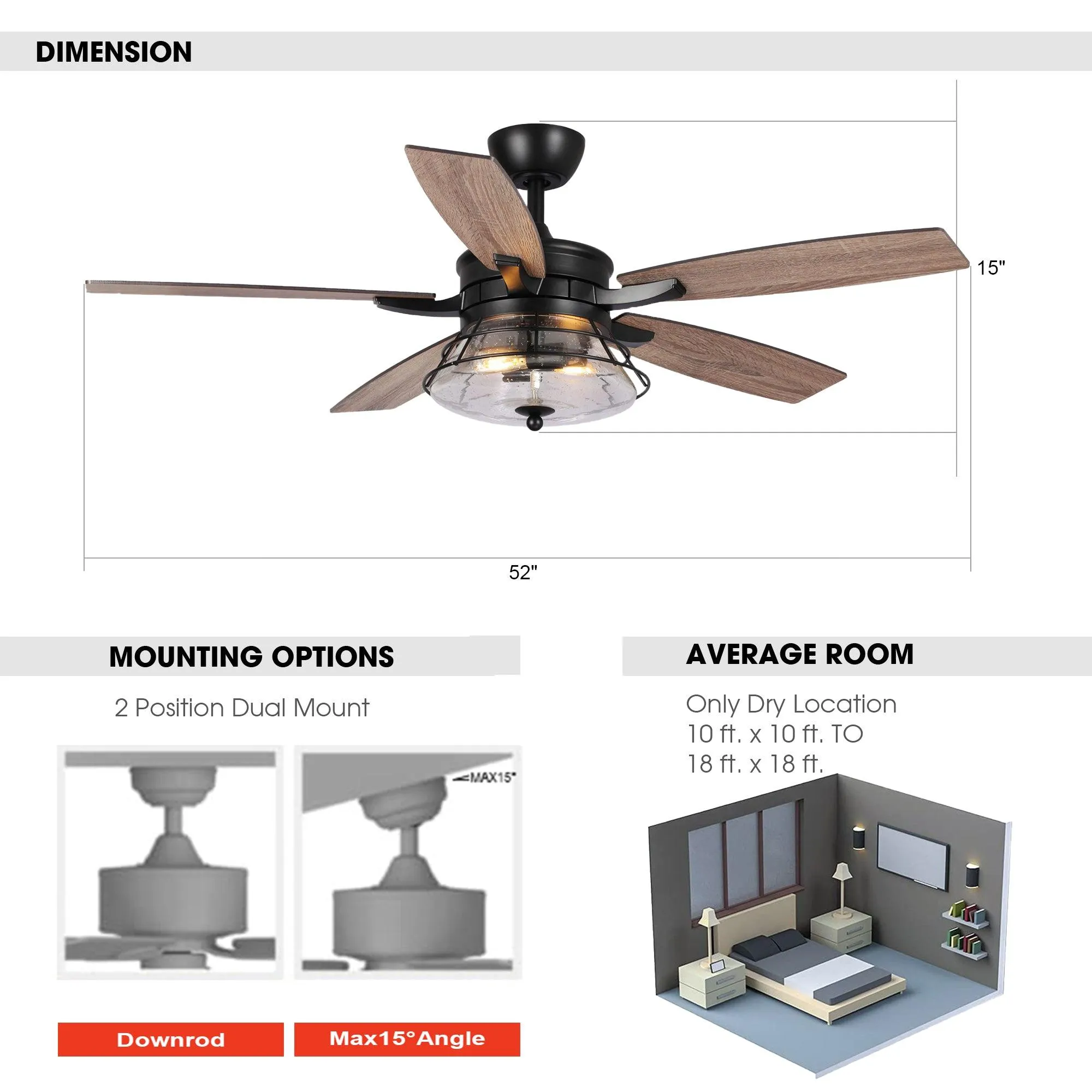 52" Antone Industrial Downrod Mount Reversible Ceiling Fan with Lighting and Remote Control