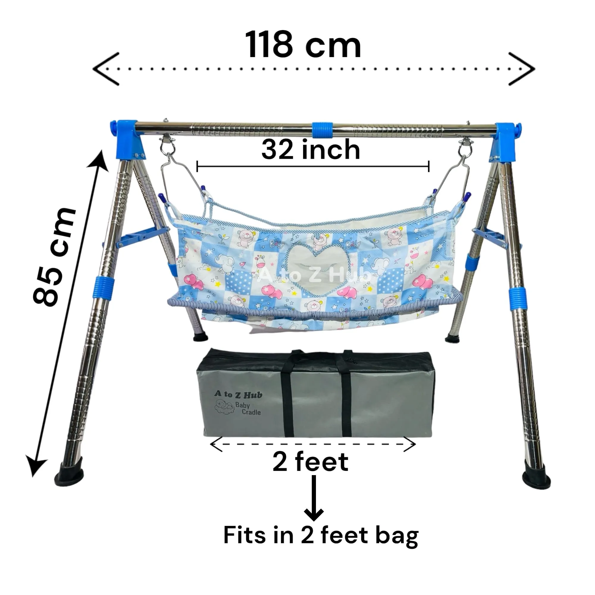 A to Z Hub Stainless Steel Foldable Baby Cradle/Ghodiyu/Baby Swing/Baby Jhula with Free Cotton Flat Hammock with Mosquito Net. (Blue)