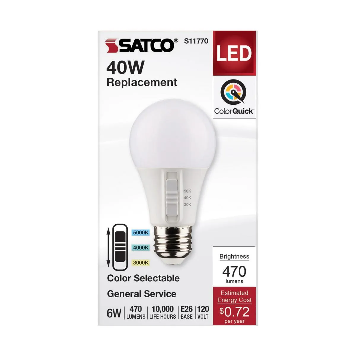 A19 LED Bulb, 6 Watts, 470 Lumens, Selectable 30K|40K|50K, 40W Equal, E26 Medium Base