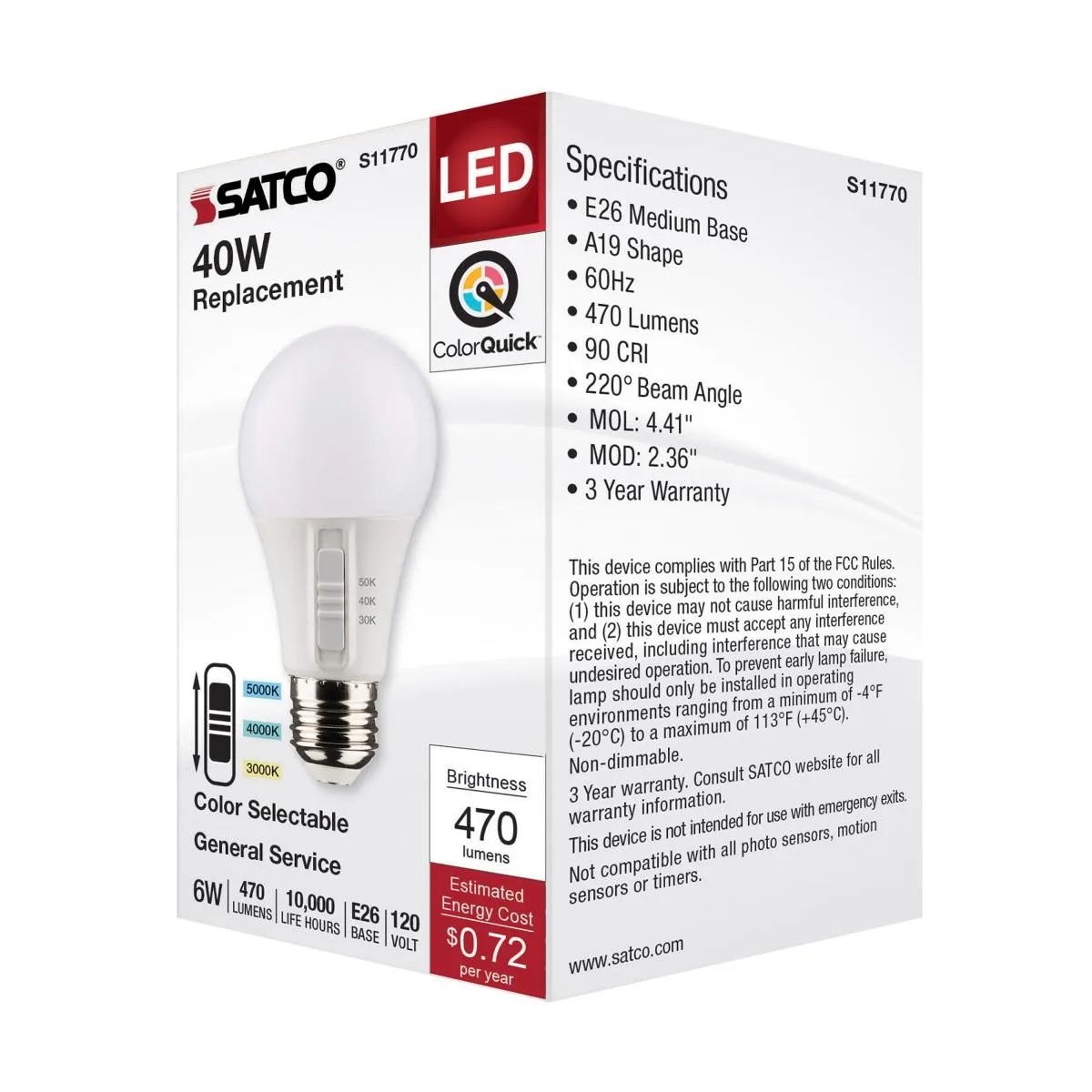 A19 LED Bulb, 6 Watts, 470 Lumens, Selectable 30K|40K|50K, 40W Equal, E26 Medium Base