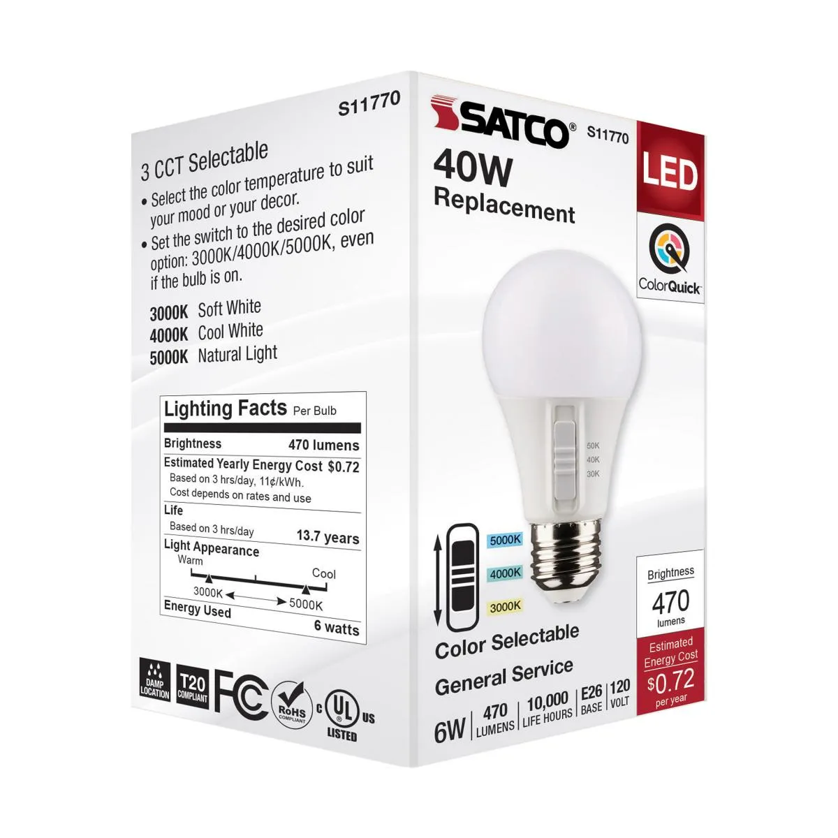 A19 LED Bulb, 6 Watts, 470 Lumens, Selectable 30K|40K|50K, 40W Equal, E26 Medium Base