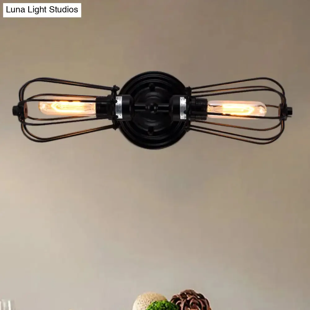 Antique Style Black/Bronze Caged Sconce Light - 2-Light Wrought Iron Mini Wall Lamp for Dining Room