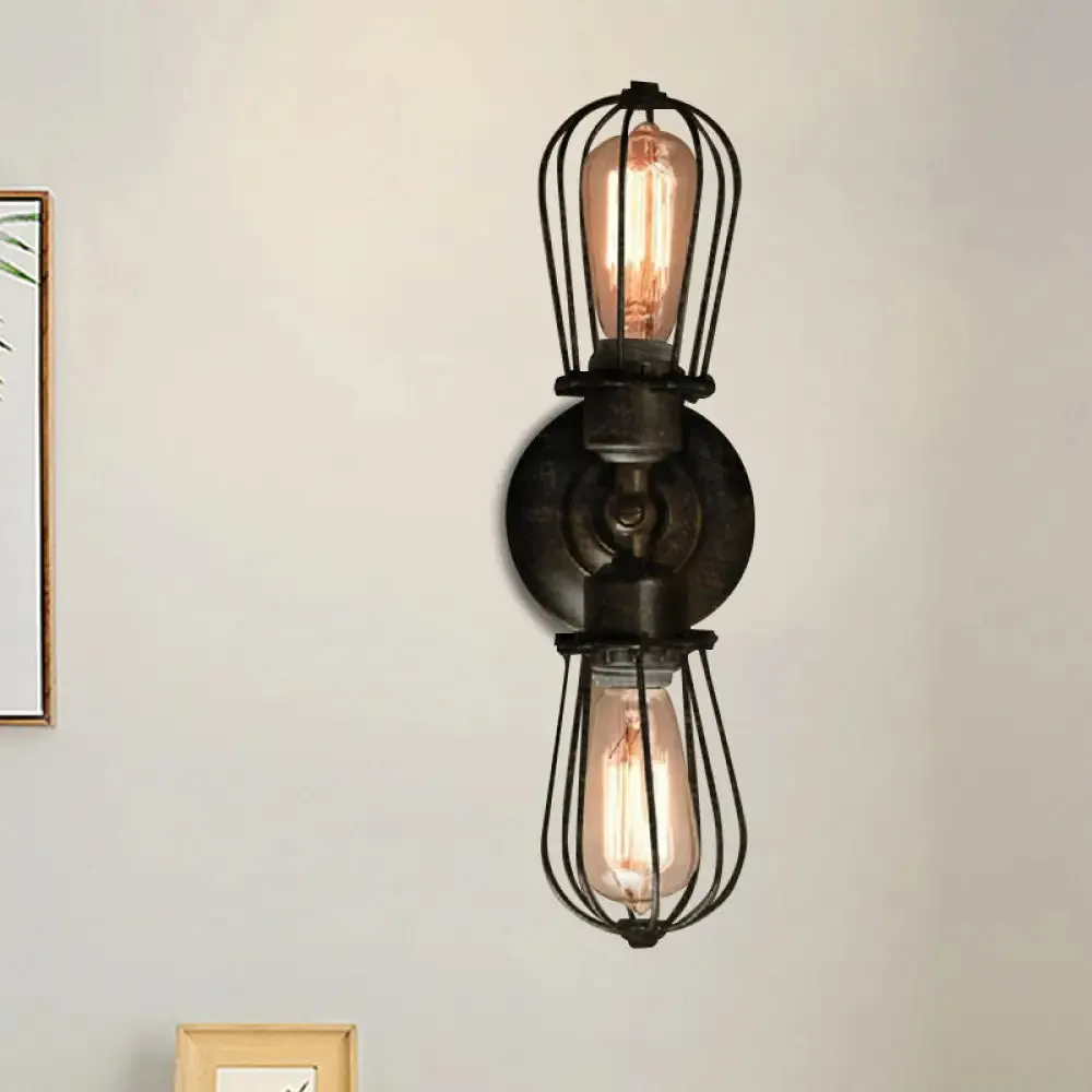 Antique Style Black/Bronze Caged Sconce Light - 2-Light Wrought Iron Mini Wall Lamp for Dining Room