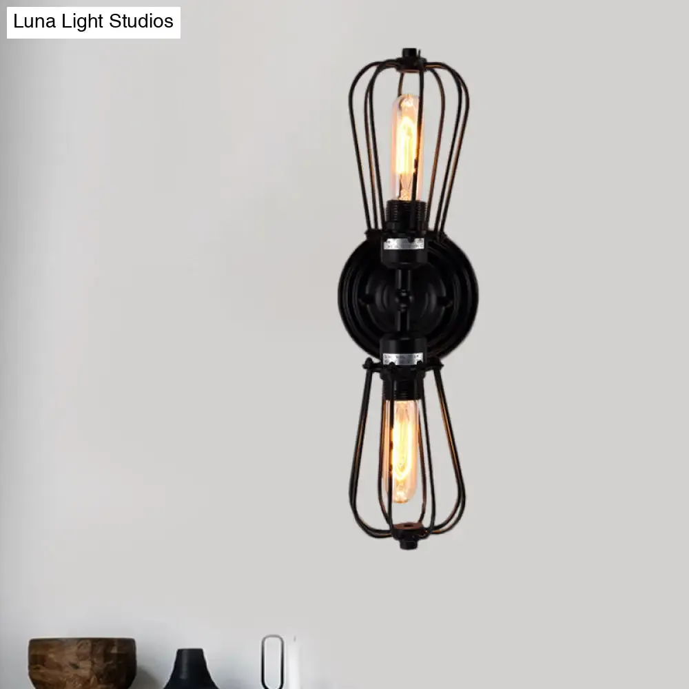 Antique Style Black/Bronze Caged Sconce Light - 2-Light Wrought Iron Mini Wall Lamp for Dining Room