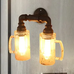 Antique Style Glass Beer Mug Wall Light with Water Pipe in Bronze/Black