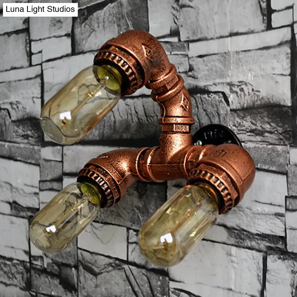 Antiqued Iron Water Pipe Wall Sconce with 3 Brass Bulbs for Corridor Lighting