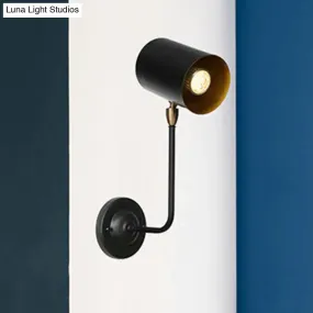 Antiqued Right Angle Arm Sconce - Wall Mounted Light with 1 Bulb, 6"/10" T Iron, Black & Inner Gold, Cylinder Shade