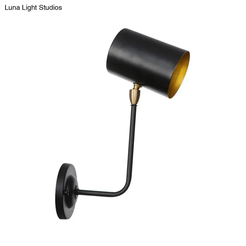 Antiqued Right Angle Arm Sconce - Wall Mounted Light with 1 Bulb, 6"/10" T Iron, Black & Inner Gold, Cylinder Shade