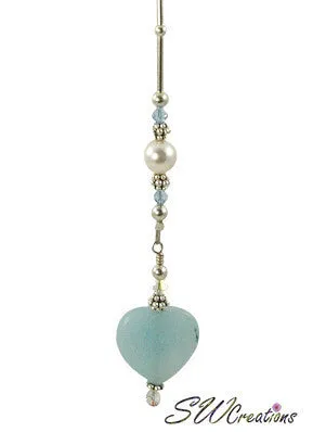 Aqua Heart Pearl Crystal Beaded Fan Pull