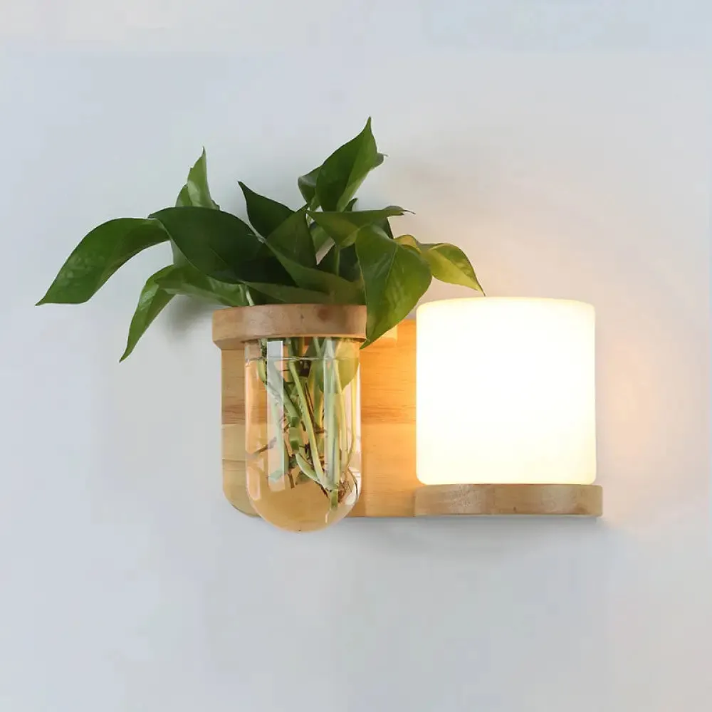 Art Deco Cream Glass Cube Sconce Lamp with Wood Wall Mount and Hydroponic Plant Pot