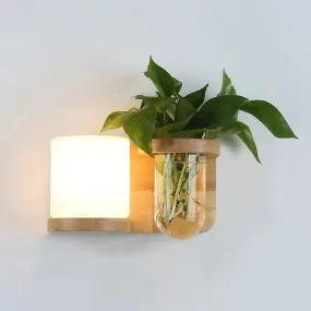 Art Deco Cream Glass Cube Sconce Lamp with Wood Wall Mount and Hydroponic Plant Pot