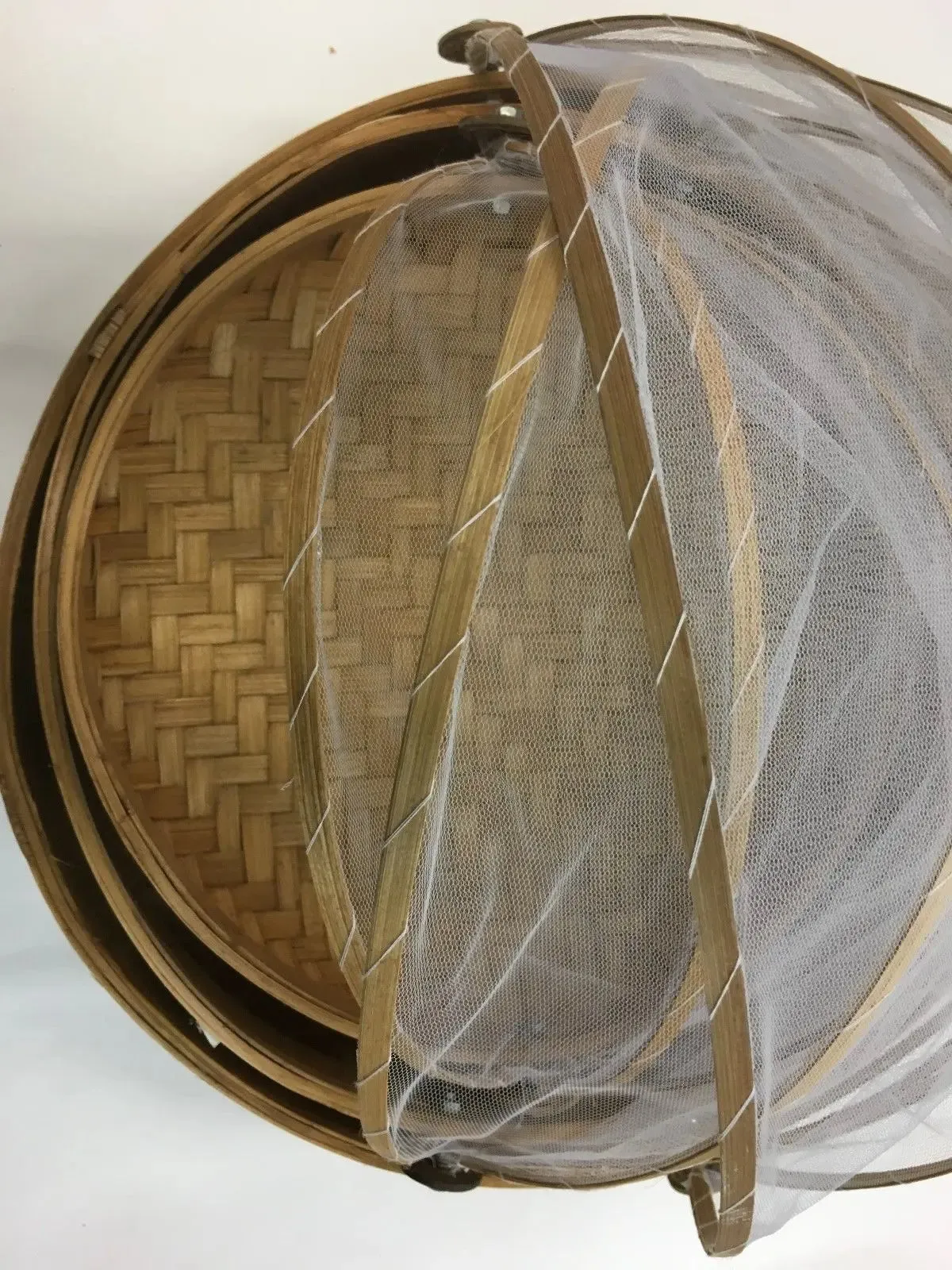 Bamboo Net Basket Round Set of 3 Picnic Cover Plate Prevent Insects Food Storage BHW06