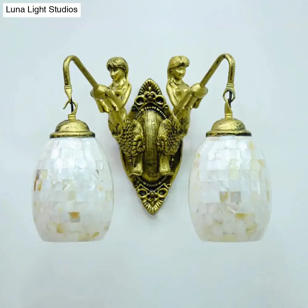 Baroque 2-Light Dome/Globe Shell Vanity Sconce - White/Brass Bathroom Light Fixture 10"/11" H