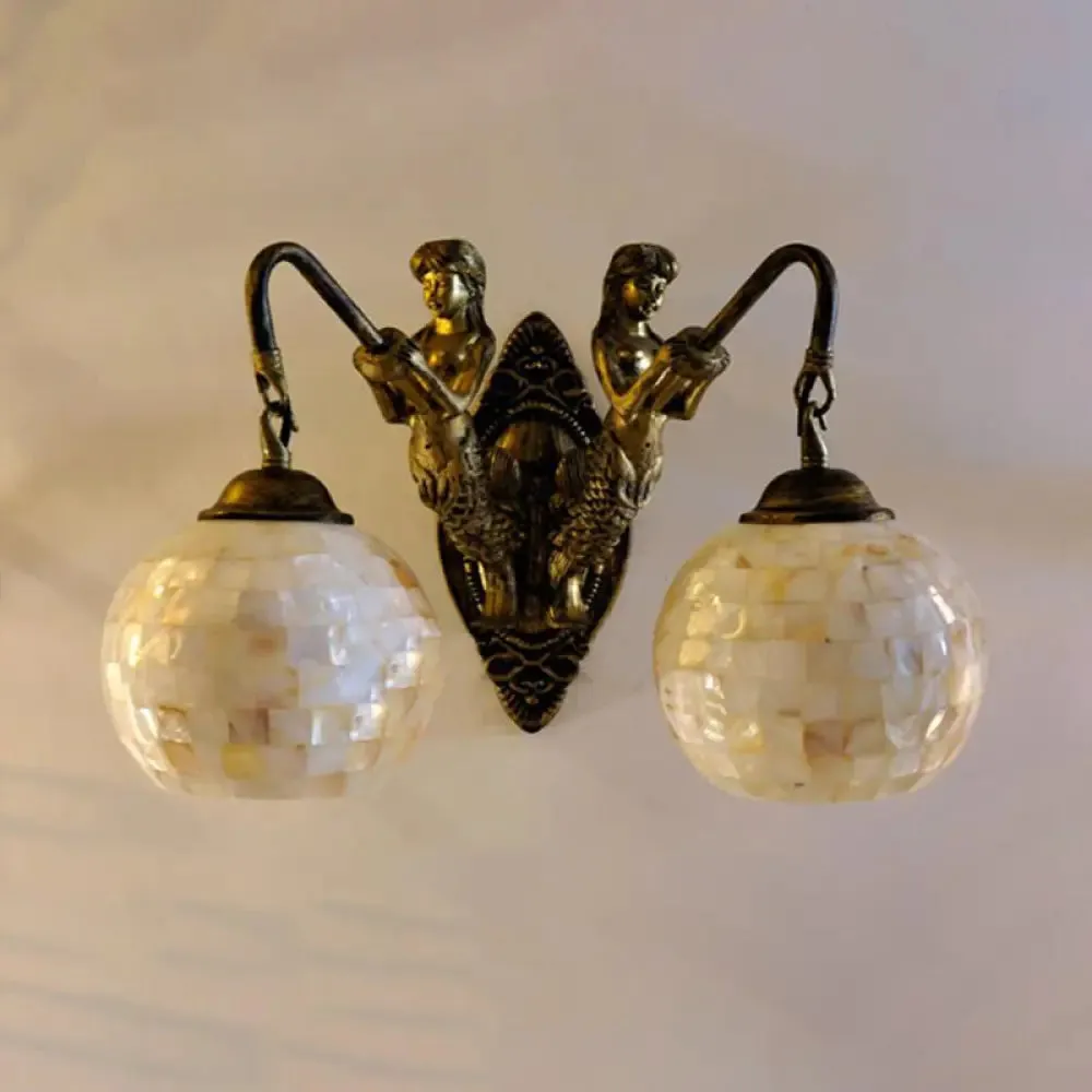 Baroque 2-Light Dome/Globe Shell Vanity Sconce - White/Brass Bathroom Light Fixture 10"/11" H