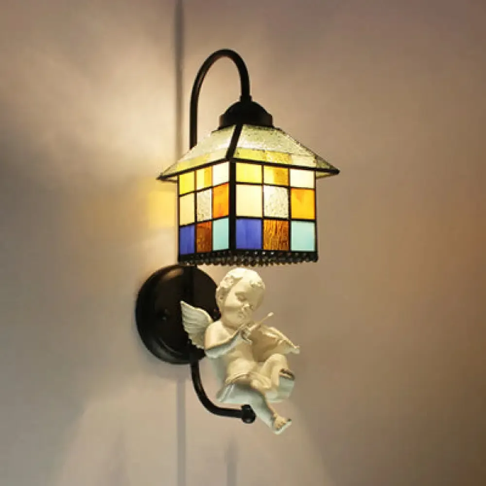 Baroque House Stained Glass Sconce Black Wall Light with Boy/Bird/Angel Decoration