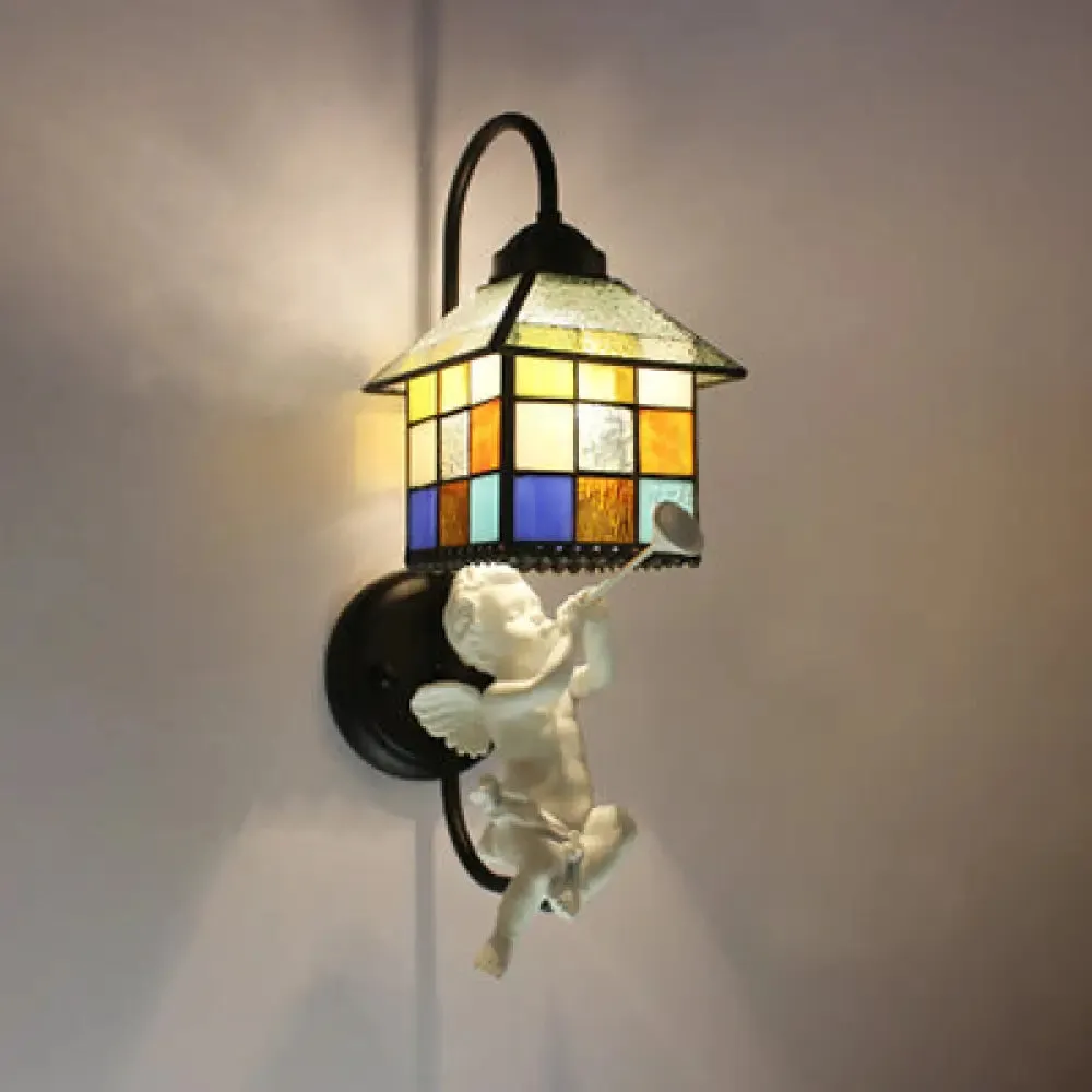 Baroque House Stained Glass Sconce Black Wall Light with Boy/Bird/Angel Decoration