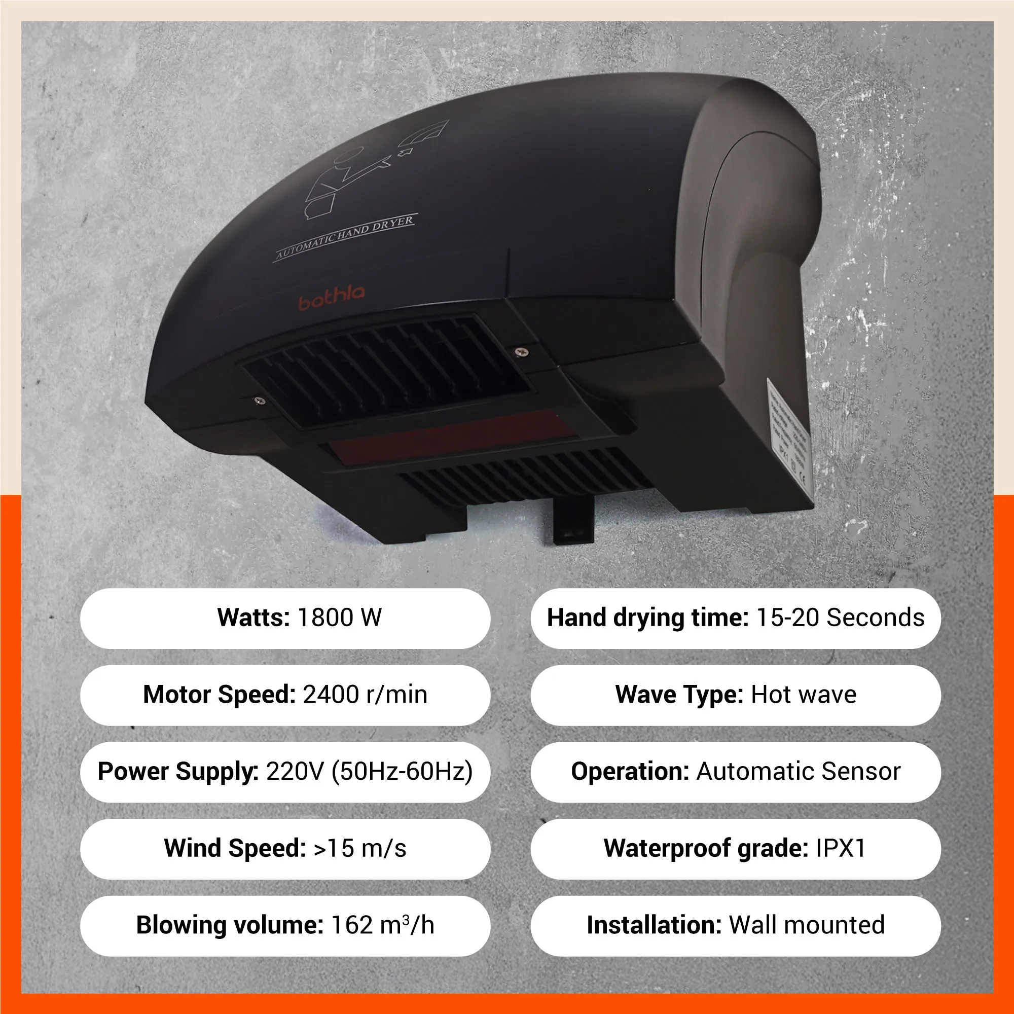 Bathla Plastic Automatic Hand Dryer | Quick Drying - Touchless Operation | Large Air Outlet - Black