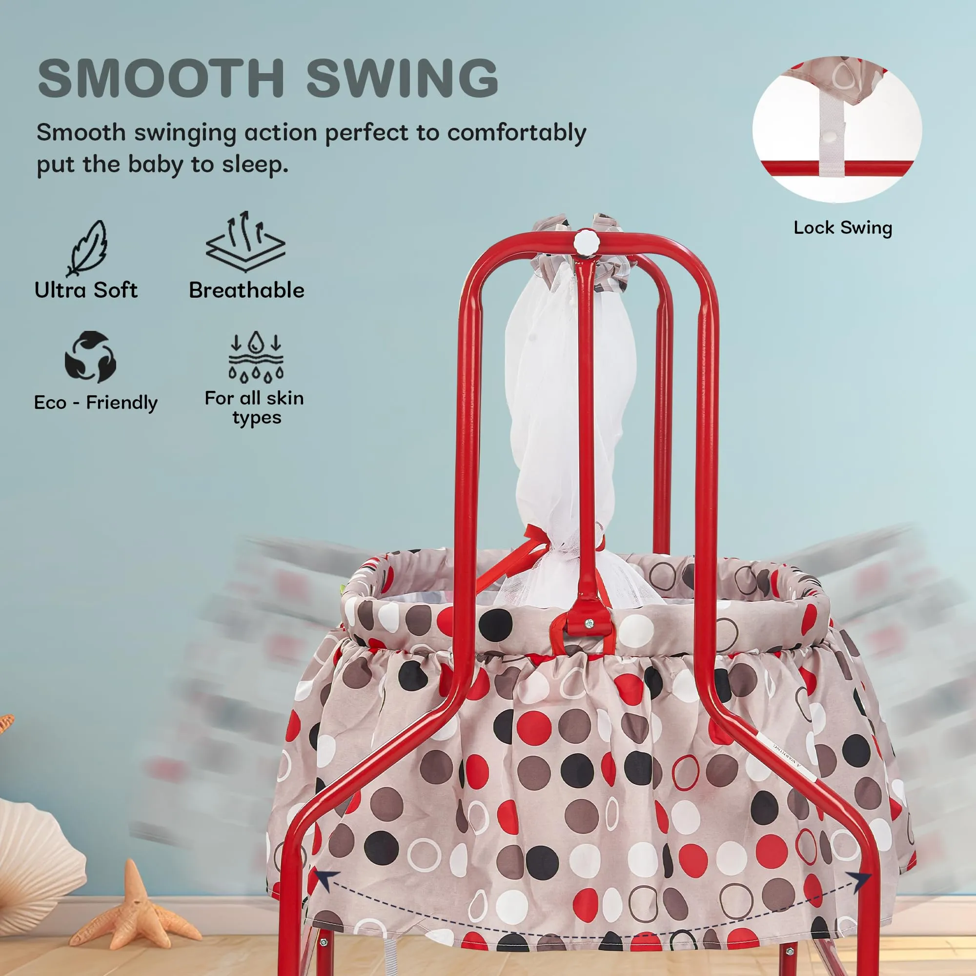 BAYBEE Cuddle Baby Swing Cradle for Baby, New Born Baby Bedding Set with Mosquito Net, Jhula Palna for Babies with Swing Bed | Baby Sleeping Swing Cradle for 0 to 12 Months Boy Girl (Red)