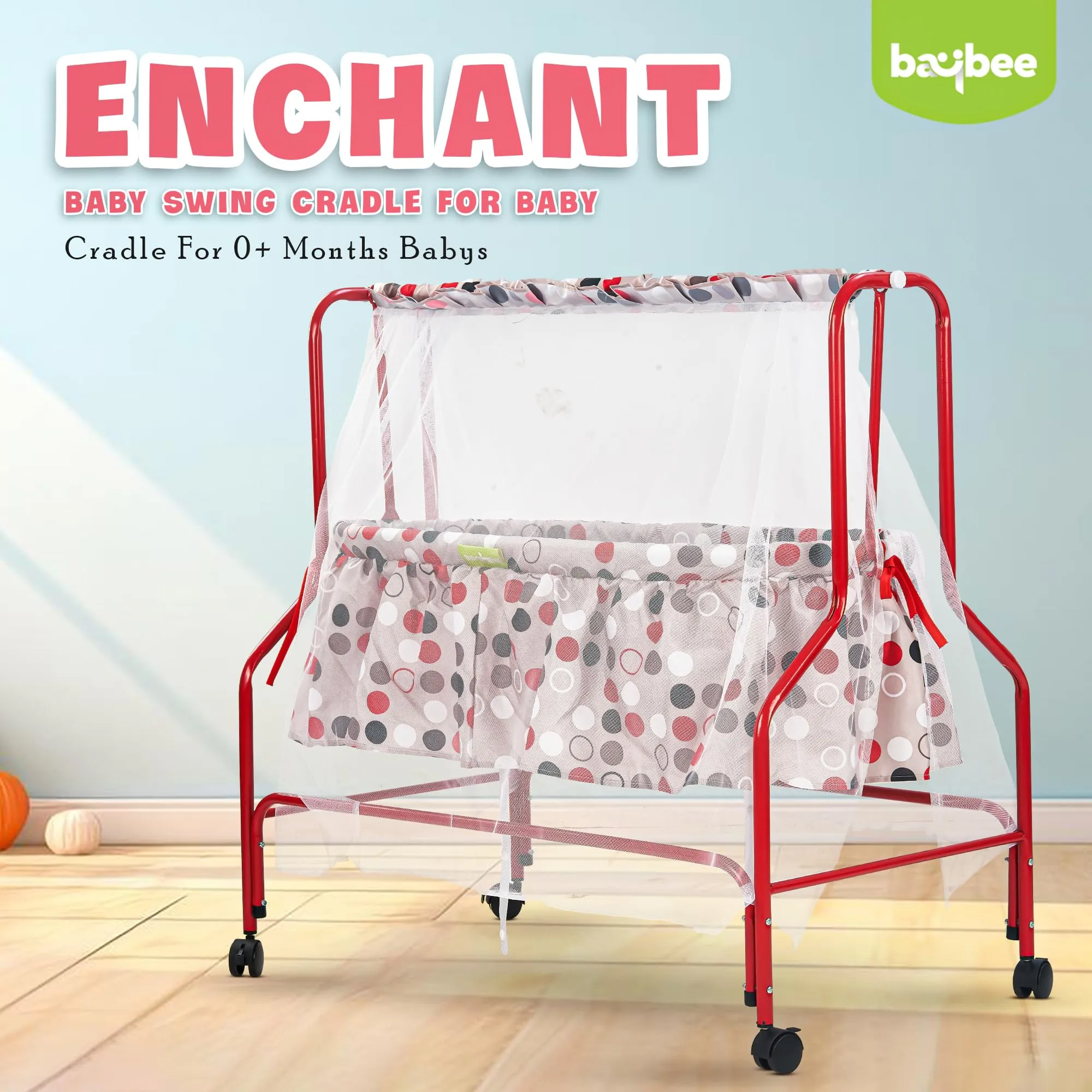 BAYBEE Cuddle Baby Swing Cradle for Baby, New Born Baby Bedding Set with Mosquito Net, Jhula Palna for Babies with Swing Bed | Baby Sleeping Swing Cradle for 0 to 12 Months Boy Girl (Red)