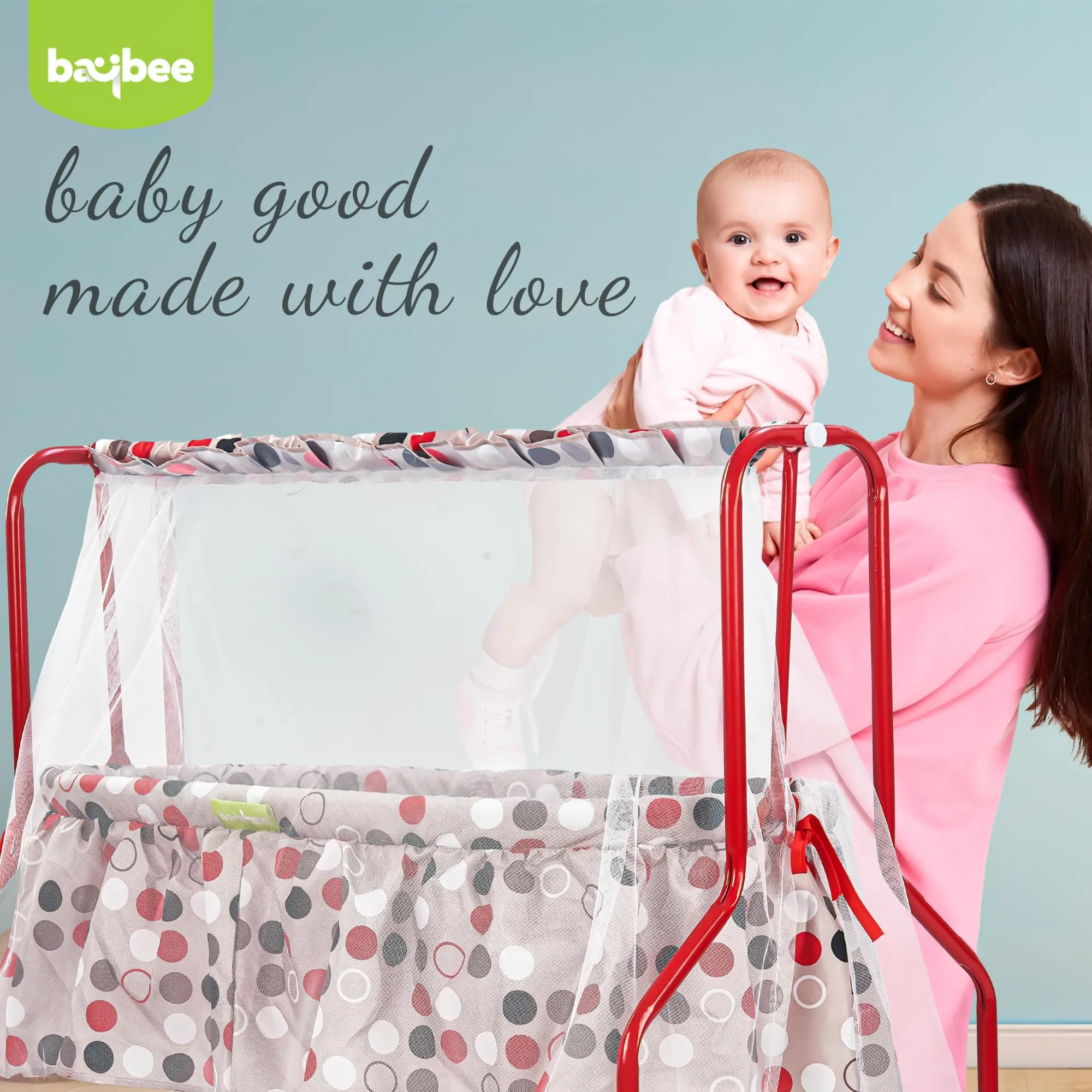 BAYBEE Cuddle Baby Swing Cradle for Baby, New Born Baby Bedding Set with Mosquito Net, Jhula Palna for Babies with Swing Bed | Baby Sleeping Swing Cradle for 0 to 12 Months Boy Girl (Red)