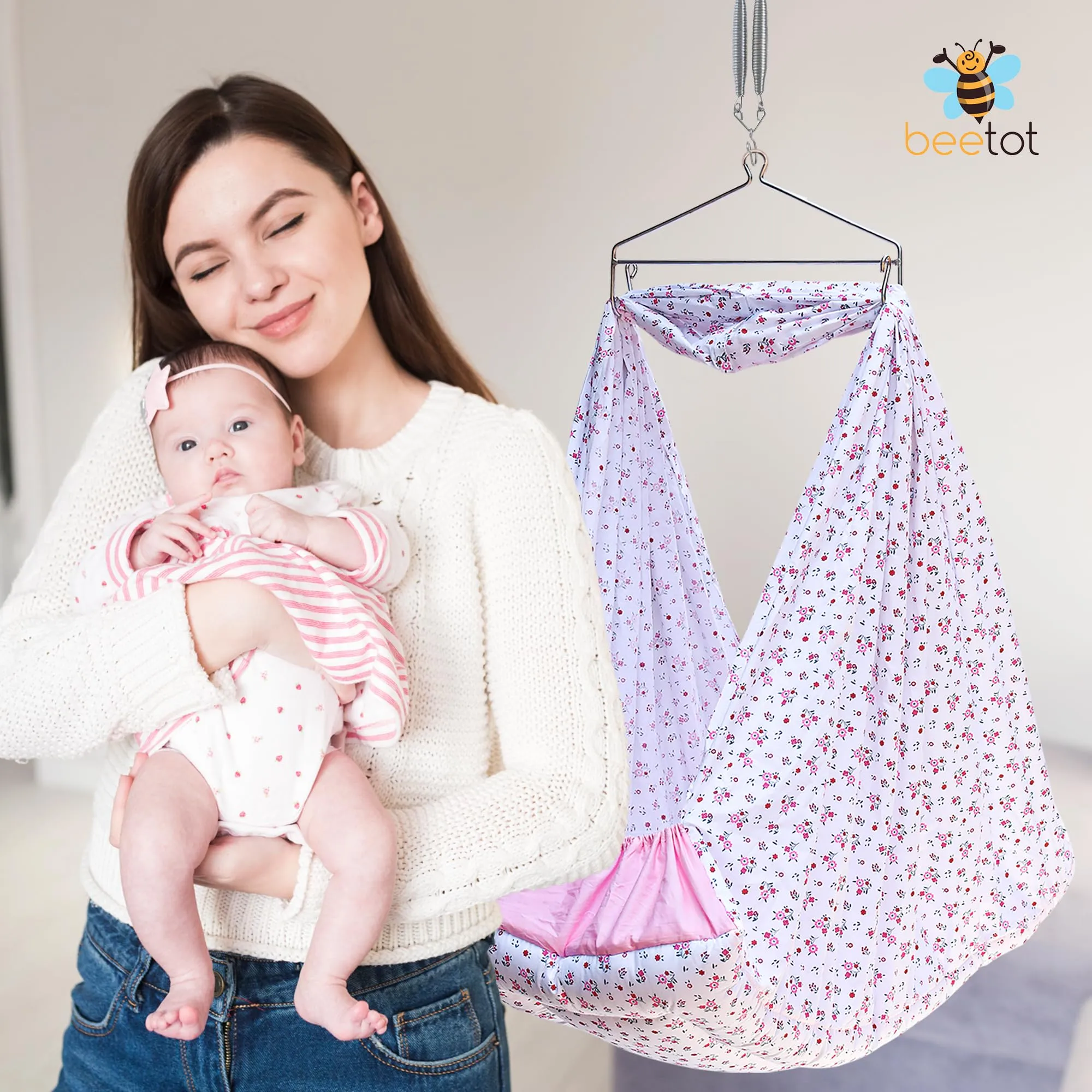 beetot New Born Baby Swing Cradle (jhula) | Cradle Cloth with Removable Mattress Bed, Mosquito net, Spring and Triangle Hanger | Weight Capacity up to 20kg | Age from 0-12 Months (Floral Pink)