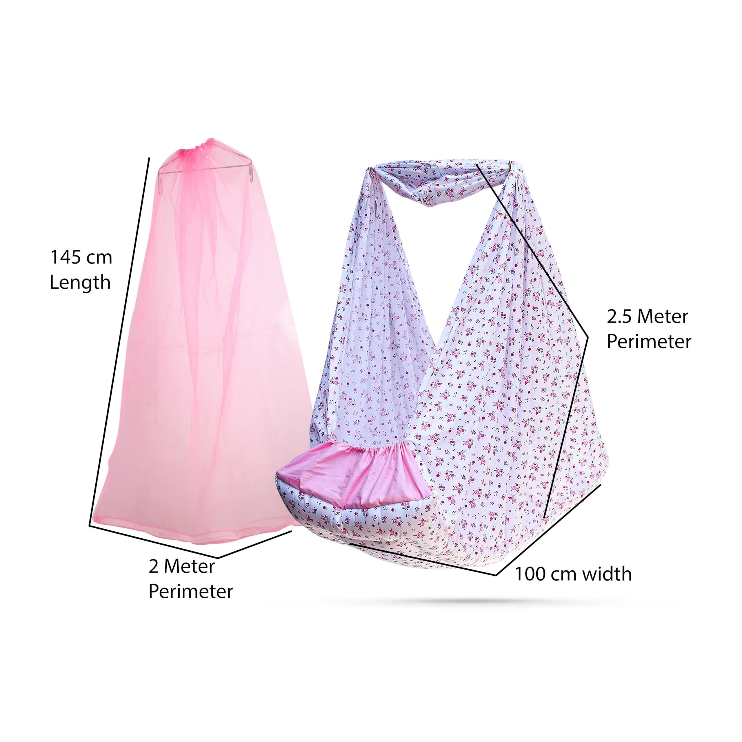 beetot New Born Baby Swing Cradle (jhula) | Cradle Cloth with Removable Mattress Bed, Mosquito net, Spring and Triangle Hanger | Weight Capacity up to 20kg | Age from 0-12 Months (Floral Pink)