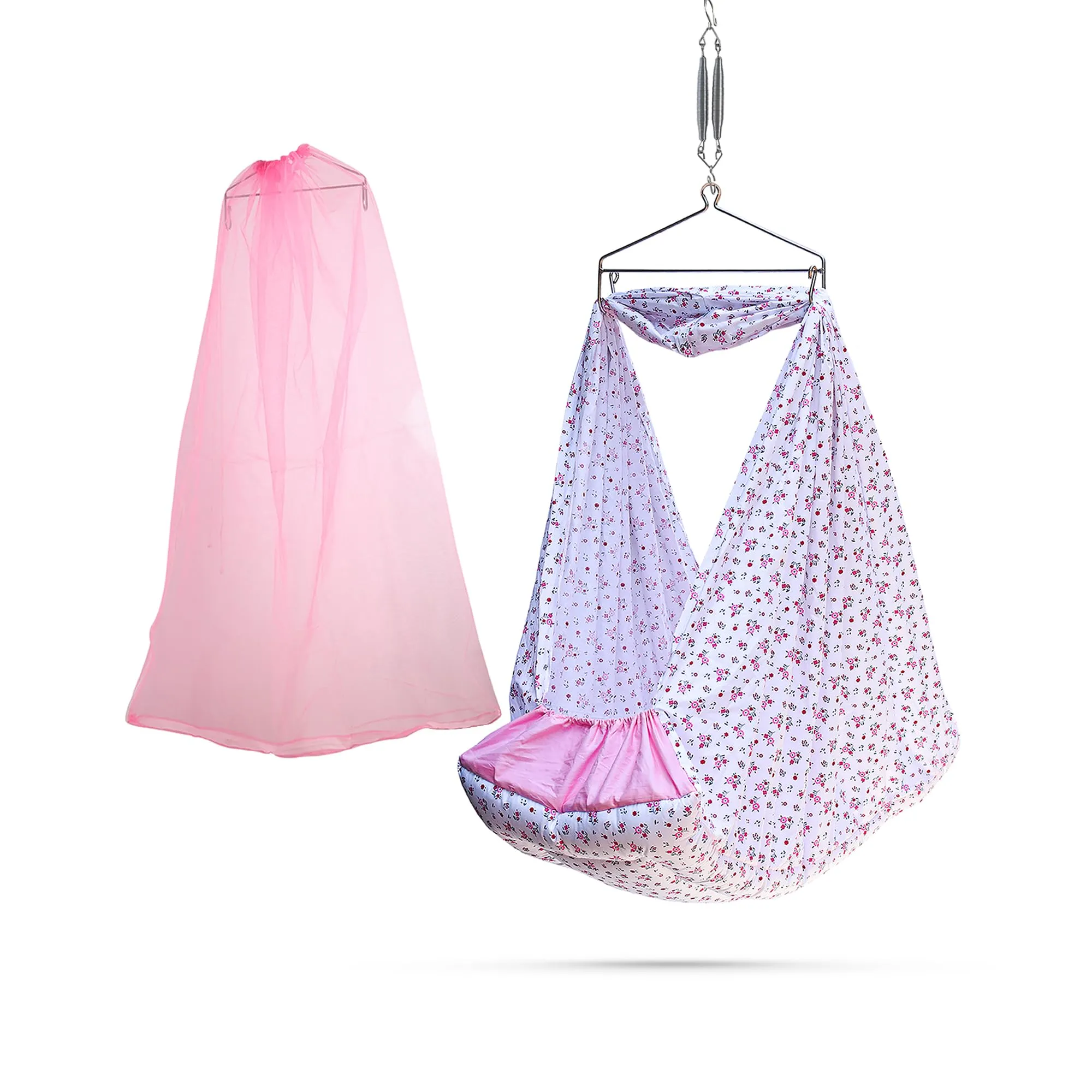 beetot New Born Baby Swing Cradle (jhula) | Cradle Cloth with Removable Mattress Bed, Mosquito net, Spring and Triangle Hanger | Weight Capacity up to 20kg | Age from 0-12 Months (Floral Pink)