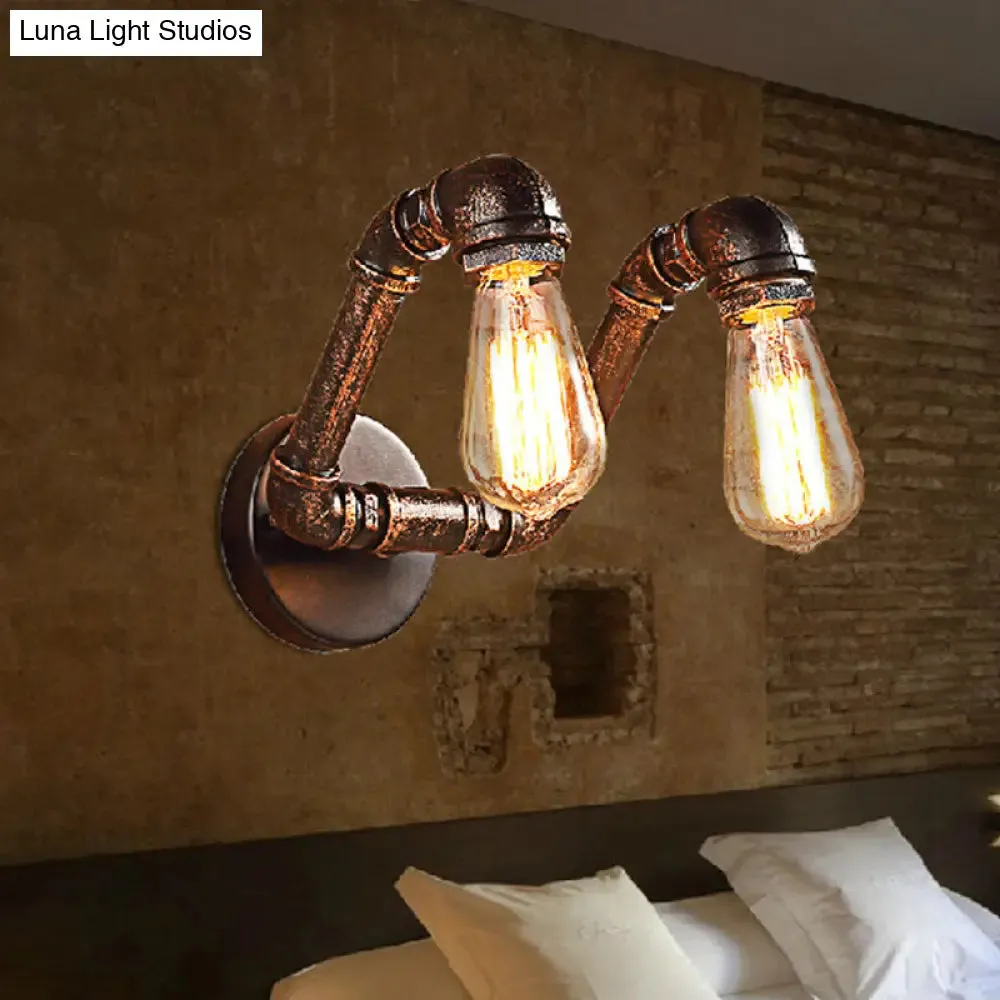 Bent Piping Industrial Metal Wall Lamp - Bronze Finish, 2 Lights - Bathroom Wall Mounted Light Fixture