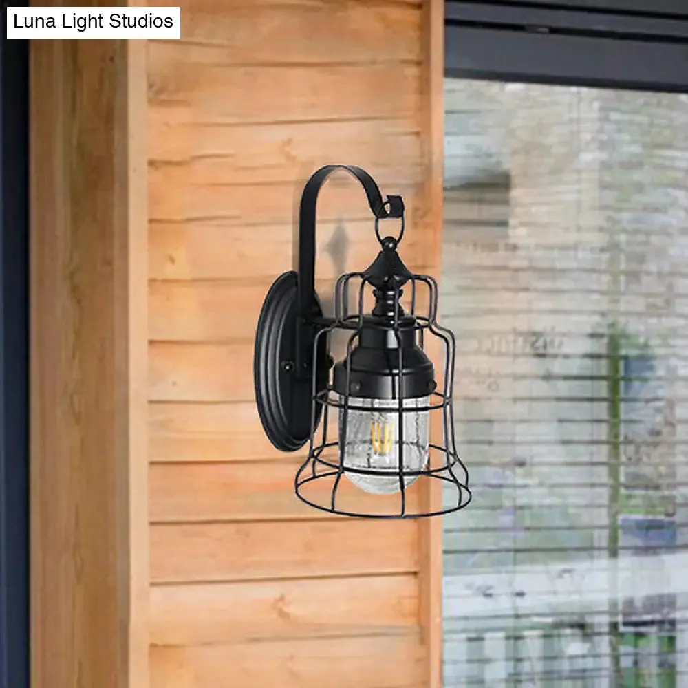 Black Caged Wall Light with Inner Glass Shade for Coastal Style Decor